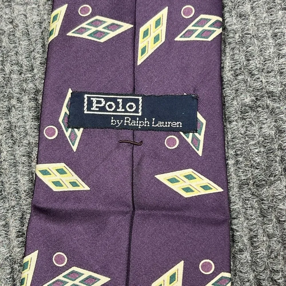 VTG‎ Polo by Ralph Lauren Mens 100% Silk Neck Tie Purple Diagonal Diamond Design